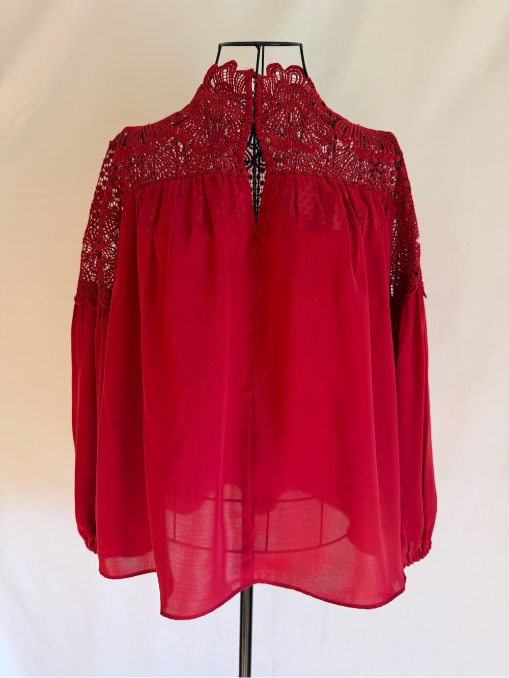 Boston Proper Red Crochet Yoke Long-Sleeve Blouse